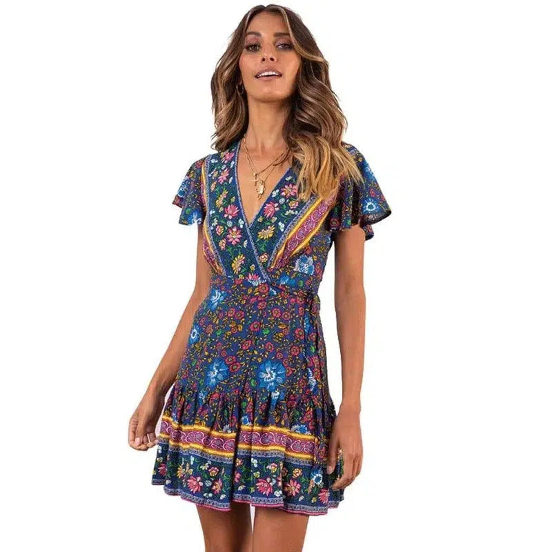 Lovemi - Summer V-neck sexy bohemian print dress skirt-Blackblue-74