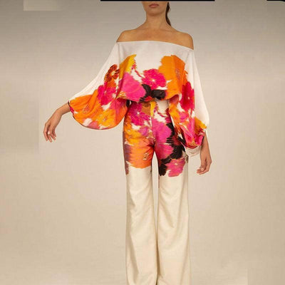 Ladies' Off-Shoulder Jumpsuit-Orange Printed-5