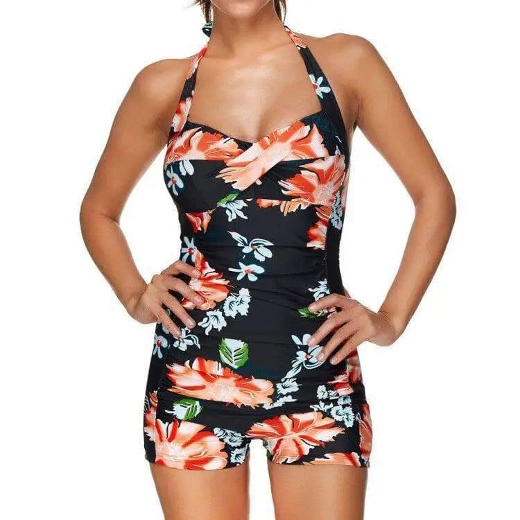 Summer Women's V Neck One Piece Pleated Swimsuit-Orange-1