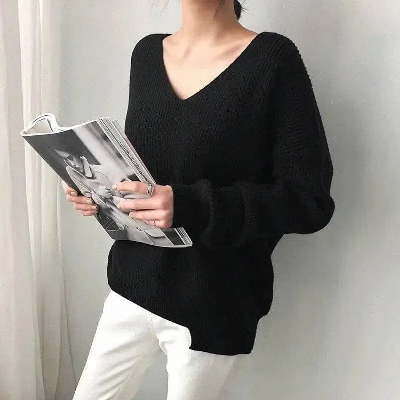 Sweater Black Loose V Neck Sweater Pullover-Black-5