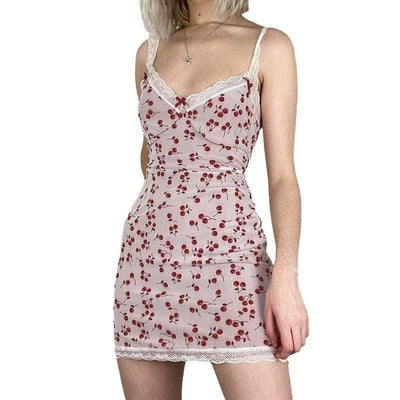 Sweet Girlish Cherry Print Lace Splicing Sling Dress-5