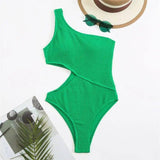 Swimsuit Womens One Piece Bikini Solid Color One Shoulder-Green-5