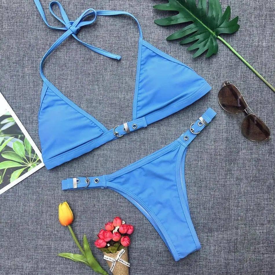 Swimwear Adjust Swimming Suit for Women Bikinis Sexy Solid-Blue-4