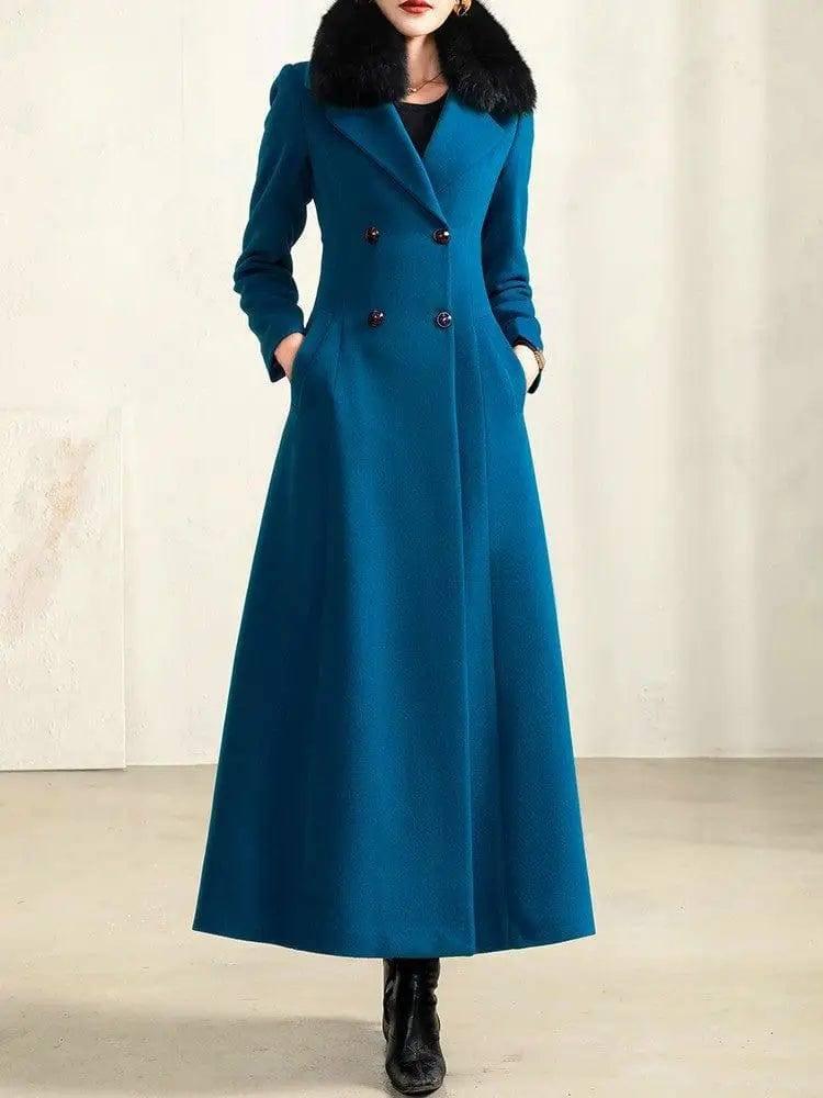 Temperament Double Breasted Solid Woolen Collar Woolen Coat-Lake blue with fur collar-2