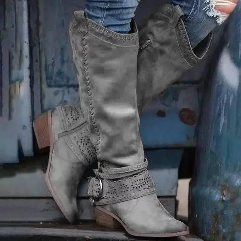 Thick-heeled Lace Belt Buckle Boots Plus Size Women-Grey-4