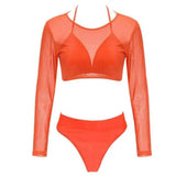 Three-piece Solid Sexy See-through Bikini-Orange-3