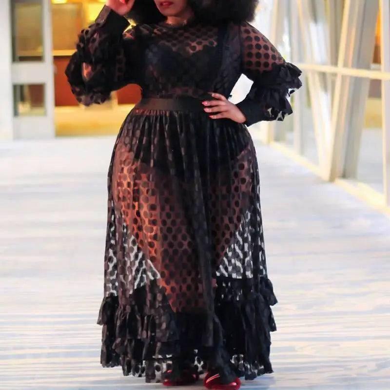 Plus Size Night Club Dress 4XL Women Long Sleeve Dresses Elastic High Waist Black White Lace Dress-black-7