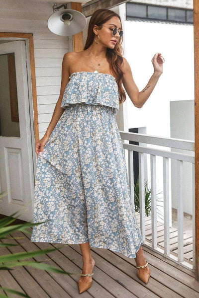 Trendy Floral Tube Top Dress for Summer-Light Blue-3