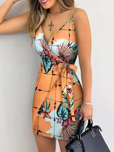 Tropical Print V-Neck Wrap Casual Dress-orange-5