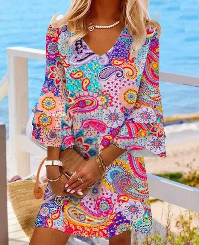 V-neck loose fitting short skirt printed beach vacation-rose-3