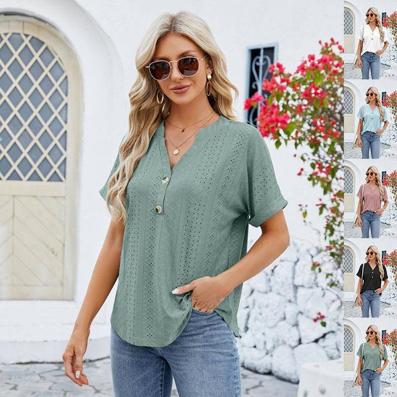 V-neck Rolled Hem Short-sleeved Top Summer Fashion Button-1