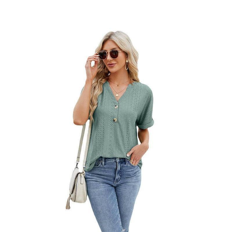 V-neck Rolled Hem Short-sleeved Top Summer Fashion Button Hollow Design Loose Casual T-shirt Womens Clothing-Dark Green-9