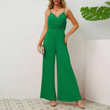 V-neck Suspender Pleated Jumpsuit Solid Color Loose Straight-Green-7