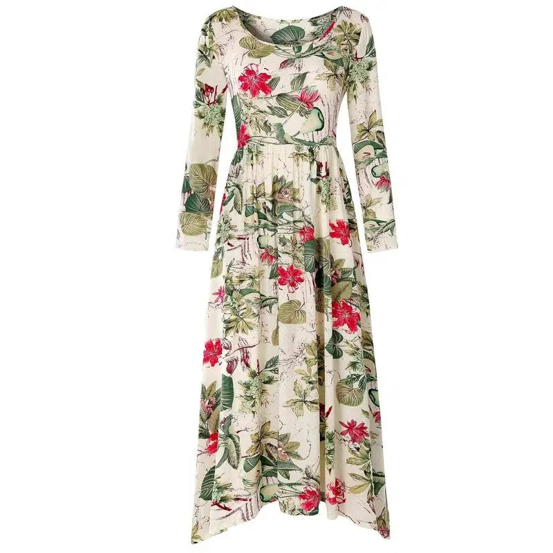 Vintage Floral Print Long Sleeve Crew Neck Dress-Green-4