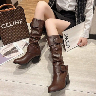 Western Cowboy Boots Women Buckle Chunky Mid Heel Shoes-4