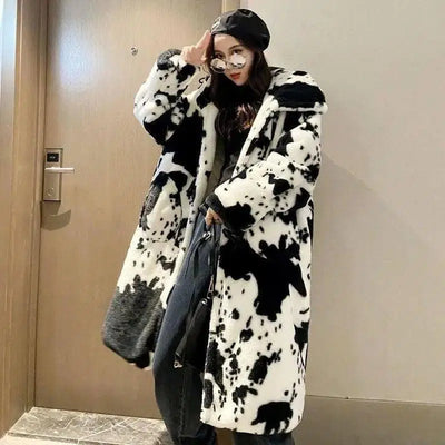 Winter Cow Pattern Fur Coat Women Over The Knee-CowLong-1