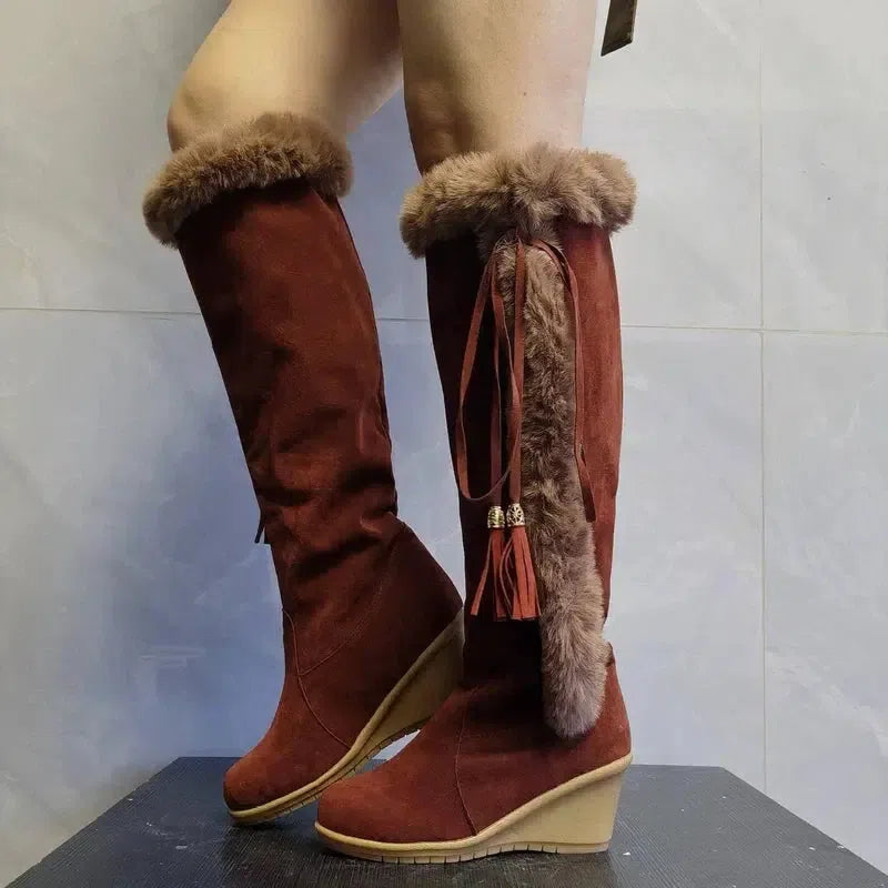 Winter Plush Long Boots For Women Combat Boots Wedges Shoes-Dark brown-3