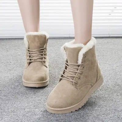 Winter Snow Boots Lace Up Platform Shoes Women Plush Suede-Beige-9