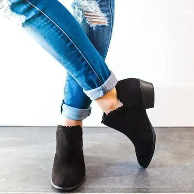 Women Booties Slip On Low Heel Ankle Boots-Black-7