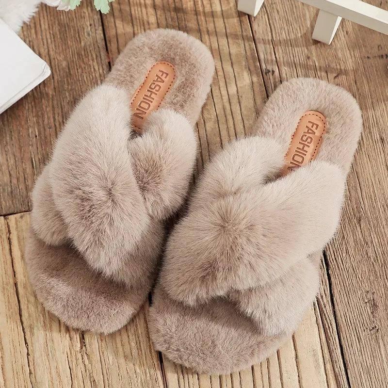 Women Fashion Warm Fluffy Slippers Cozy Faux Fur Cross-Brown-1