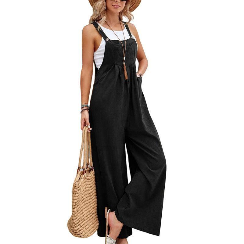 Women Long Bib Pants Overalls Casual Loose Rompers Jumpsuits-Black-12