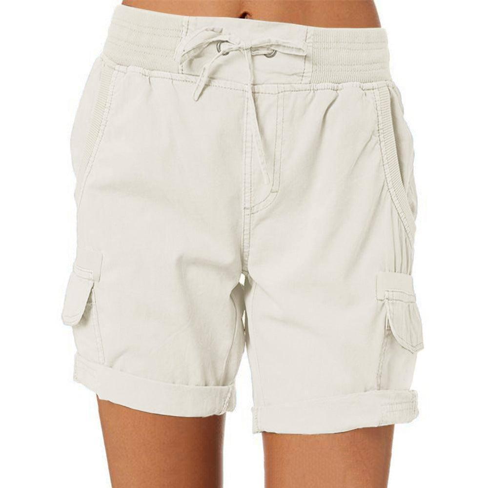 Women's Casual High Waist Cargo Shorts-White-6