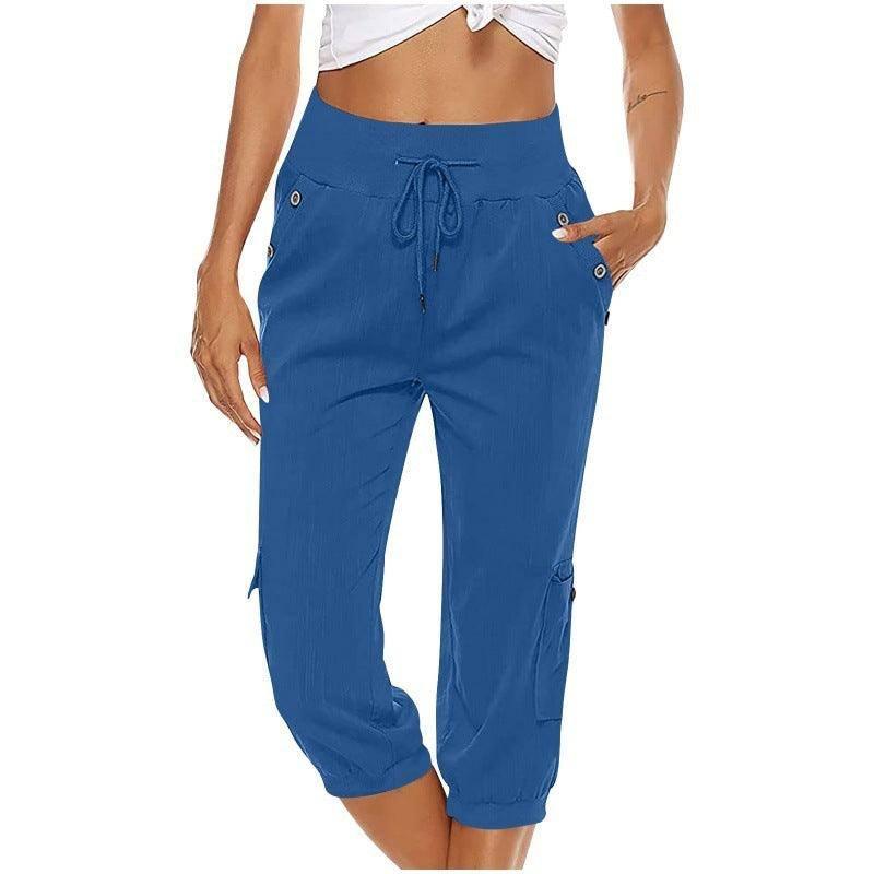 Women's Cropped Pants Cotton Linen Cargo Pocket Casual Pants Sapphire Blue / 2XL-Sapphire Blue-5