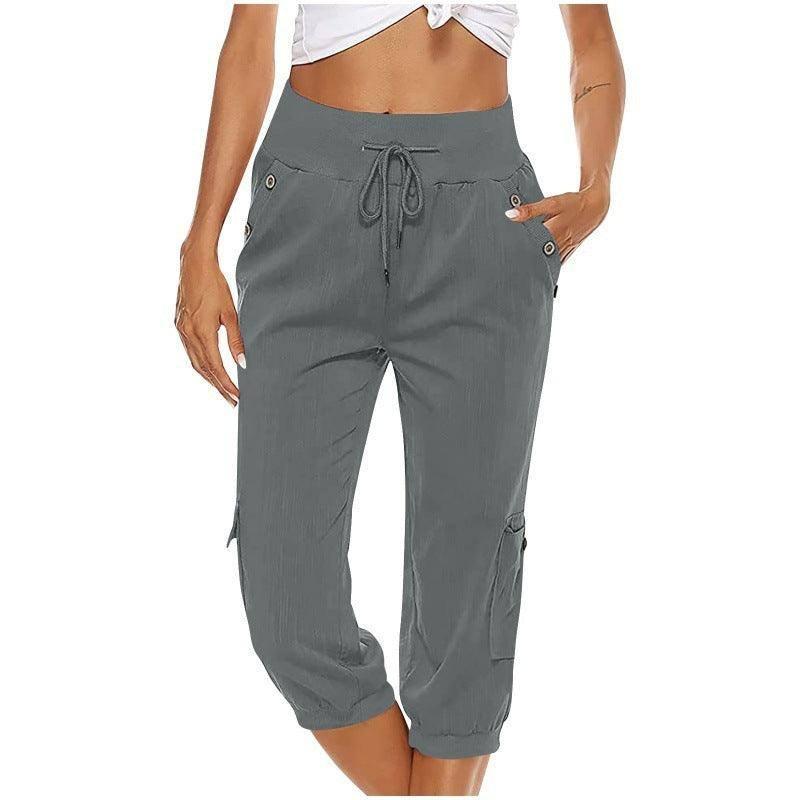 Women's Cropped Pants Cotton Linen Cargo Pocket Casual Pants Sapphire Blue / 2XL-Gray-7