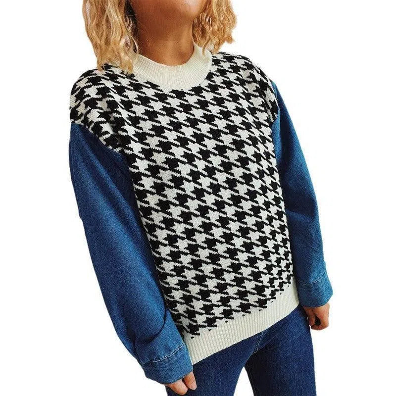 Women's Denim Sleeve Stitching Houndstooth Round Neck Long-4