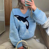 Women's Dolphin Printing Long Sleeve Loose Sweater-Blue-6