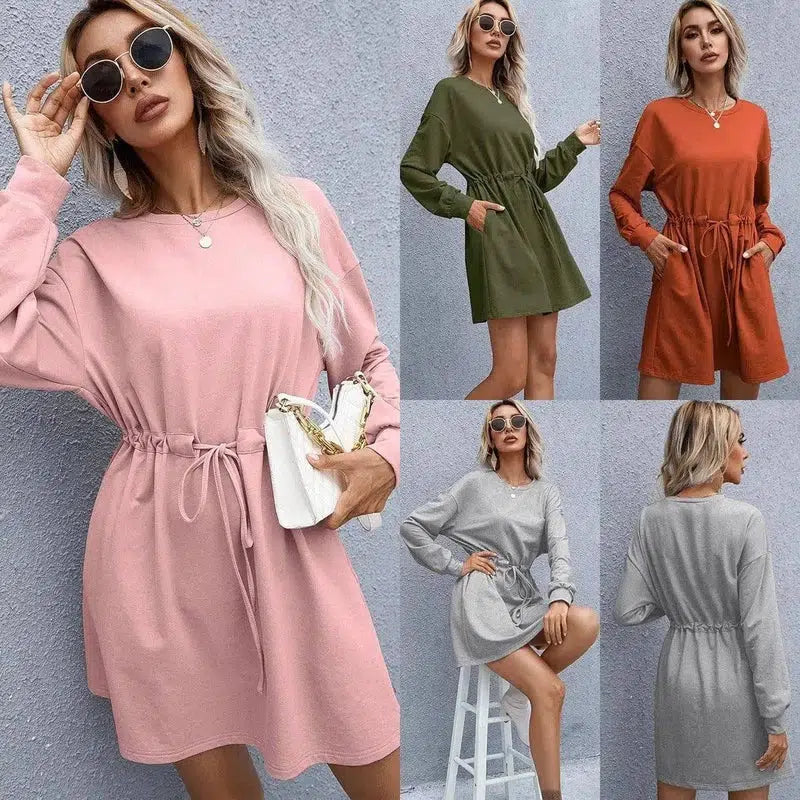 Women's Elegant Round Neck Long Sleeve Loose Dress-1