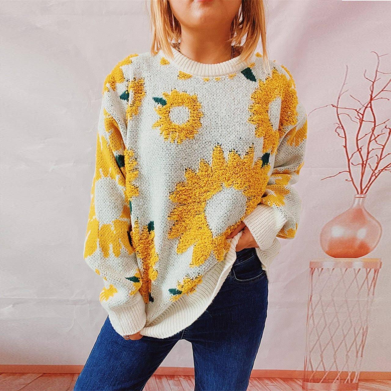 Women's Fashion Casual Sunflower Jacquard Round Neck Long-3