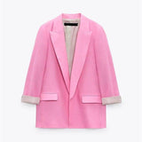 Women's Fashionable Curled Brim Cuff Polo Collar Top Blazer-Pink-9