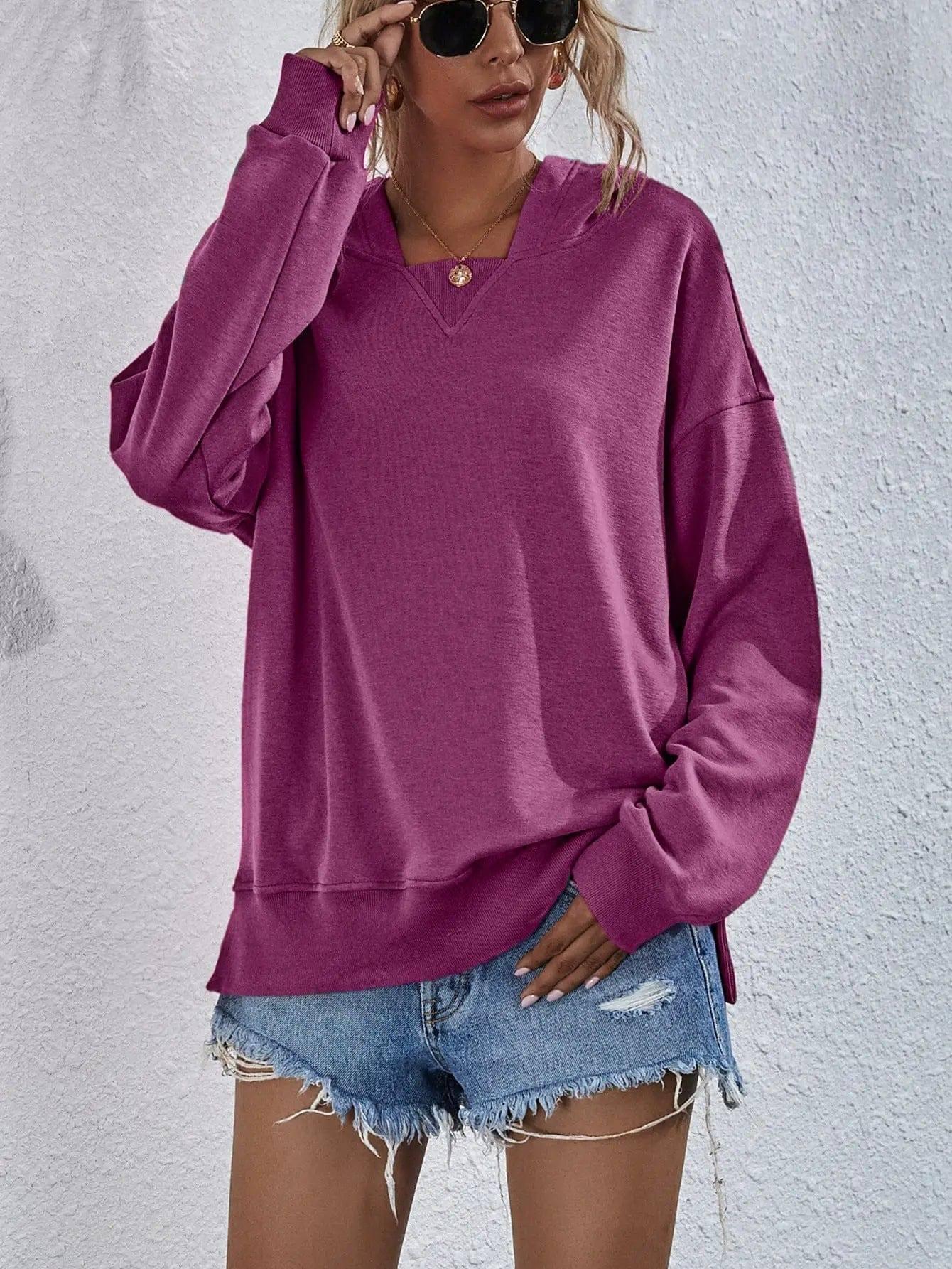 Women's Fleece-lined Hooded Casual Loose Sweater-Purplish Red-5