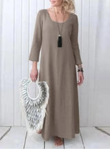 Women's Full-length Dress Cotton And Linen Dress-Khaki-5