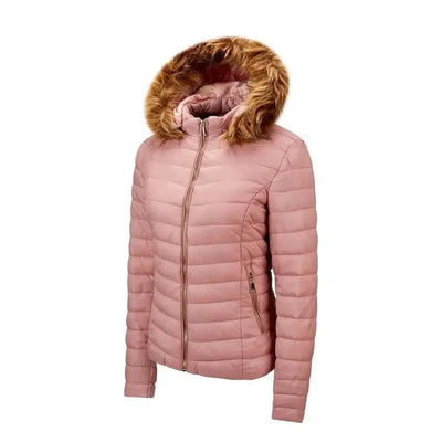 Women's fur collar cotton hooded jacket-Pink-10