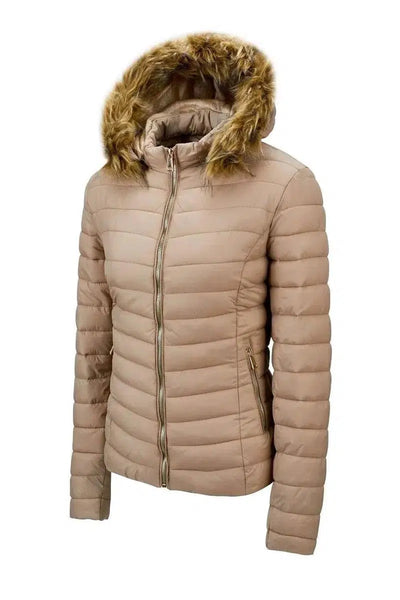 Women's fur collar cotton hooded jacket-Khaki-7