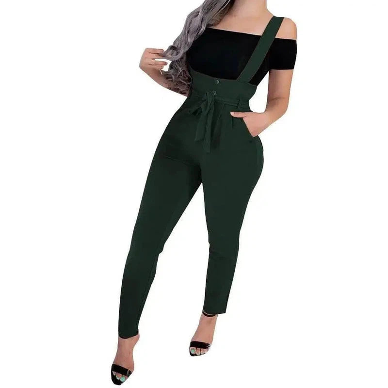 Women's high waist casual jumpsuit suspenders-ForestGreen-26