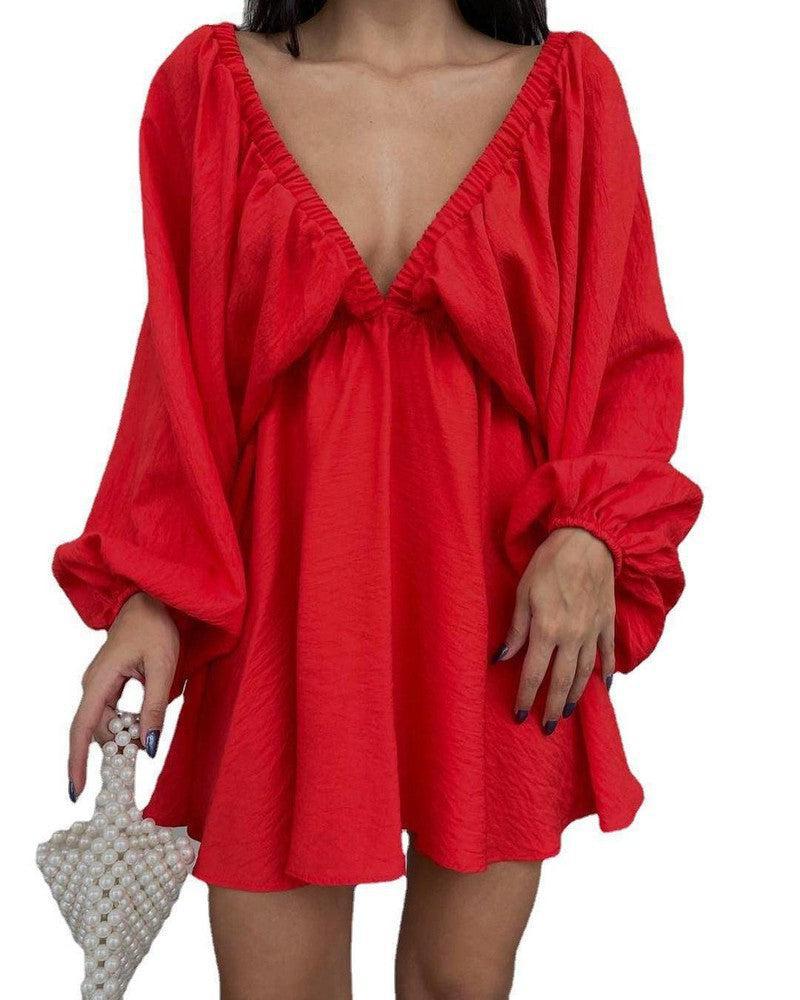 Women's Lantern Sleeve V-neck Dress-6