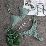 Women's Rhinestone Swimsuit Solid Color Metal Chain Swimsuit-Green-2