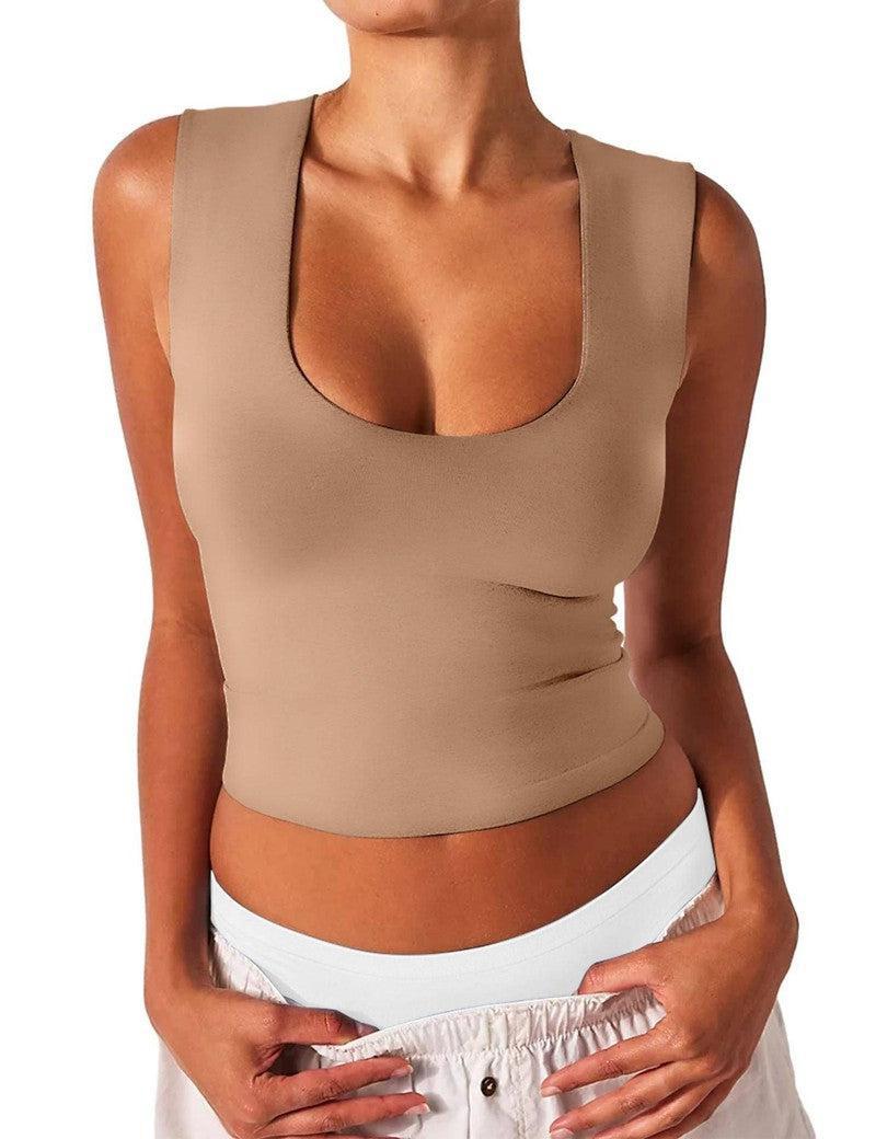 Women's Slim-fit U-neck Sleeveless Vest Top-Khaki-9