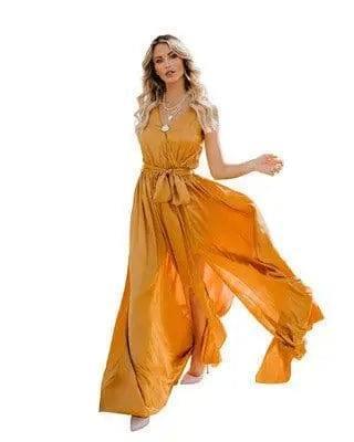 Women's Solid Color V-Neck Sleeveless High Slit Large Hem-Yellow-2