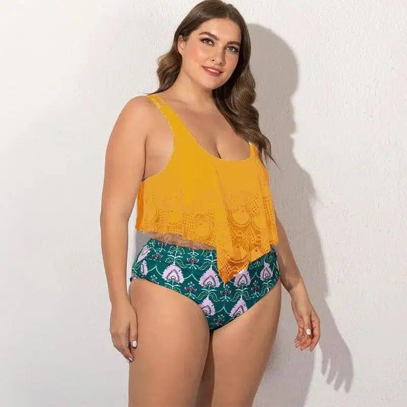 Women's Split Plus Size Bikini-Yellow-5