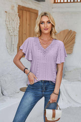 Women's Spring And Summer Lace Ruffle Sleeve Solid Color-Purple-14