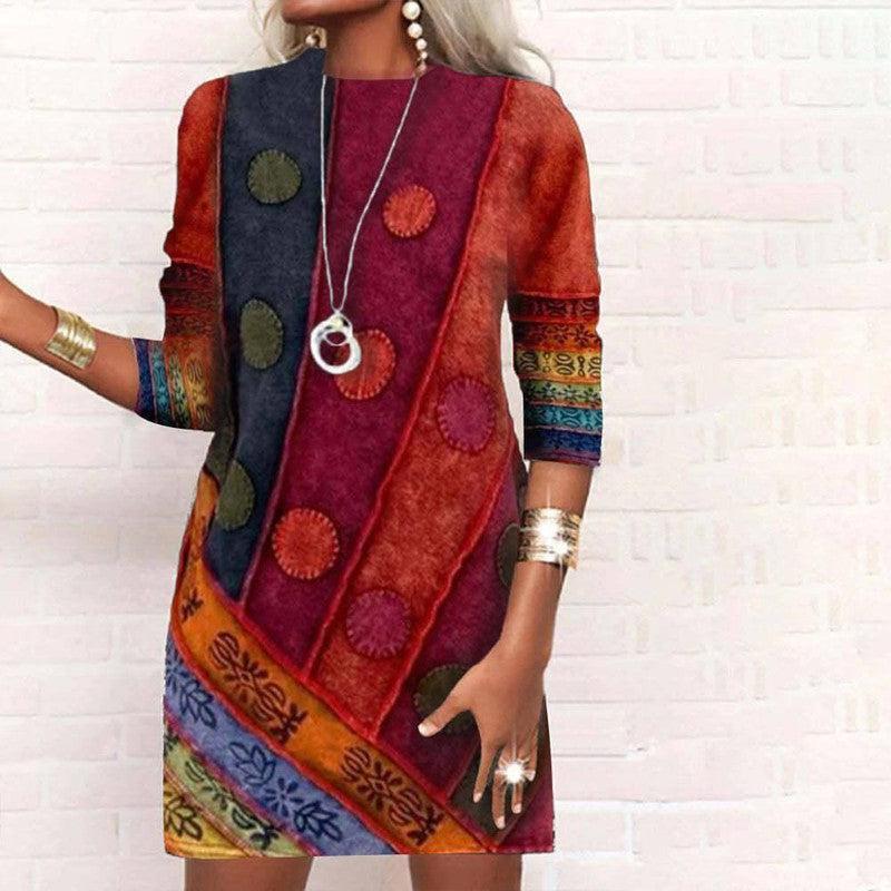 Women's Stitching Round Neck, Slim-fit, Long-sleeved Printed Dress-Red-1