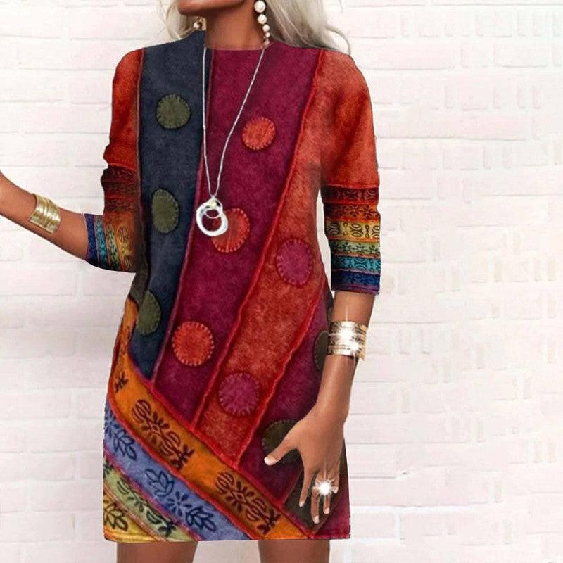 Women's Stitching Round Neck, Slim-fit, Long-sleeved Printed Dress-9