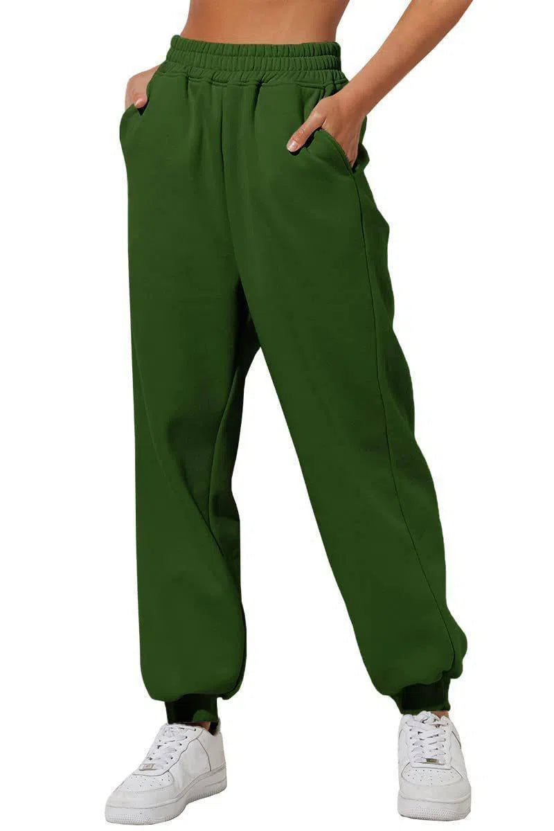 Women's Trousers With Pockets High Waist Loose Jogging Sports Pants Comfortable Casual Sweatshirt Pants-Dark Green-8