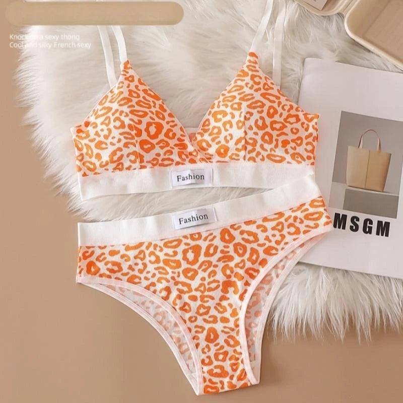 Women Seamless Bra Set Leopard V-neck Brassieres and Low-orange leopard-7