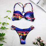 Women Sexy Swimwear Leaf Print Bikini Halter Swimsuit-S-4