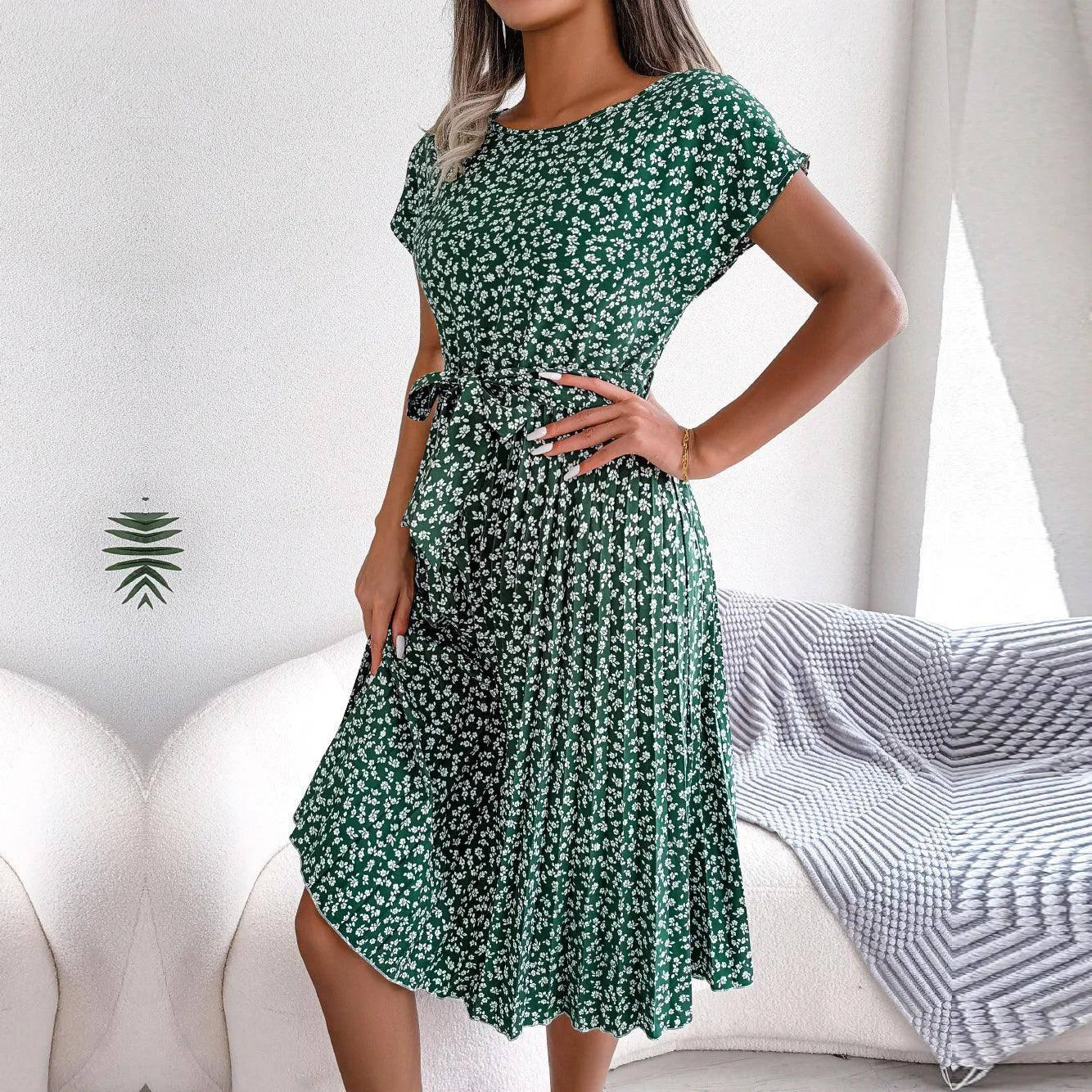 Women Spring Summer Short Sleeve High Waist Chic Dress-Green-9